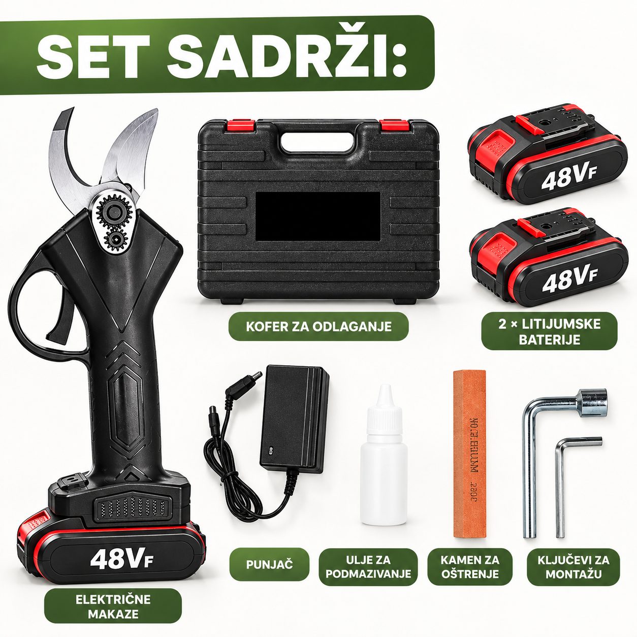 Sadržaj seta: makaze, 2 baterije, punjač, kofer, ulje, kamen za oštrenje i ključevi